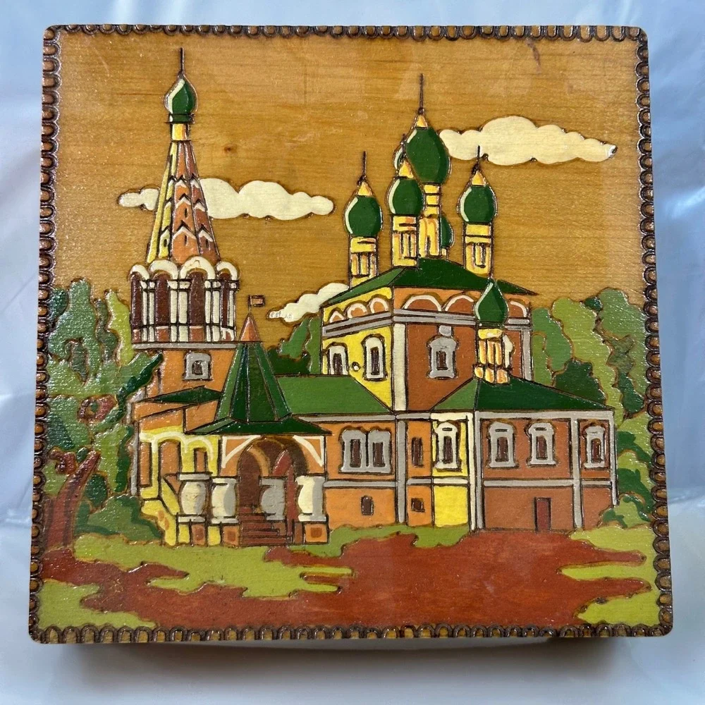Vintage Russian Wood Jewelry Box Uglich Cathedral Multicolor Folk Art Excellent